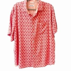 Tommy Bahama Palms Away Geo Camp Shirt Red Pink Palm Tree Silk size XL